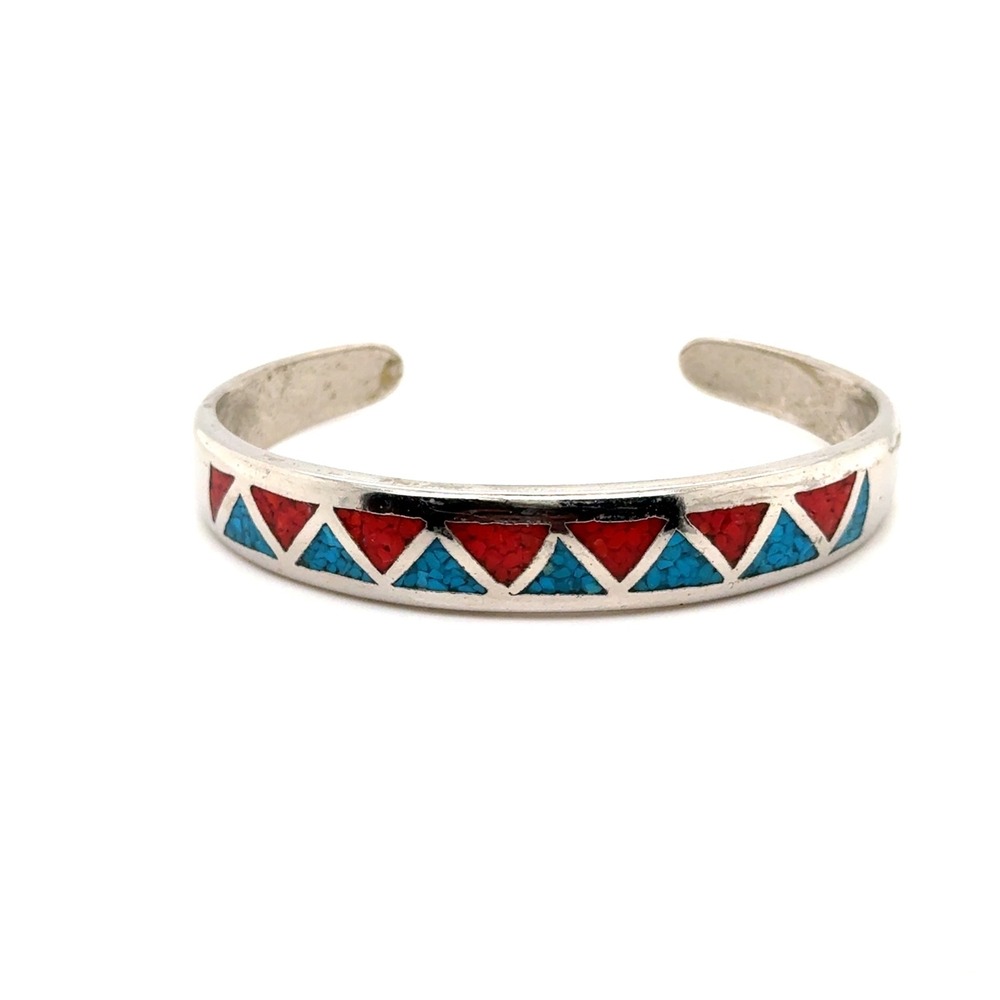 Southwestern Geometric Inlay Cuff Bracelet Faux Turquoise Red Coral Silver Tone